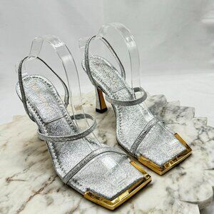 Good American Women Heels Sz 8 Square Toe Sandal Silver Metallic Slingback Shoes